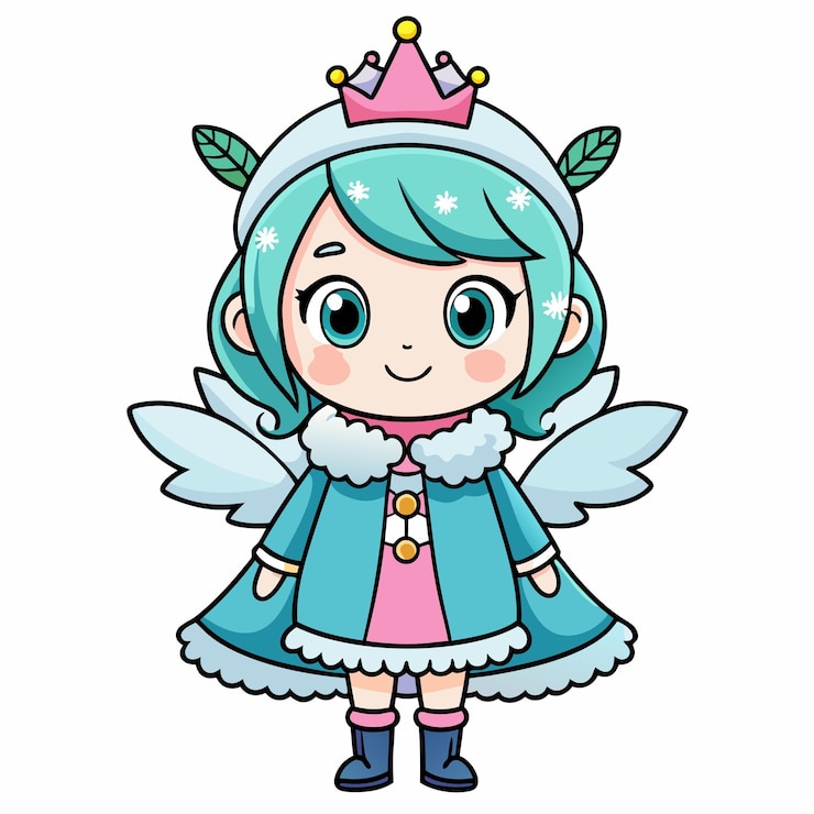 Fille charmante tenant des flocons de neige dans un costume de fée d'hiver Graphique vectoriel de dessin animé