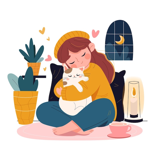 fille avec un chat à la maison fille mignonne assise sur le sol avec un chat illustration vectorielle s'occuper des animaux de compagnie