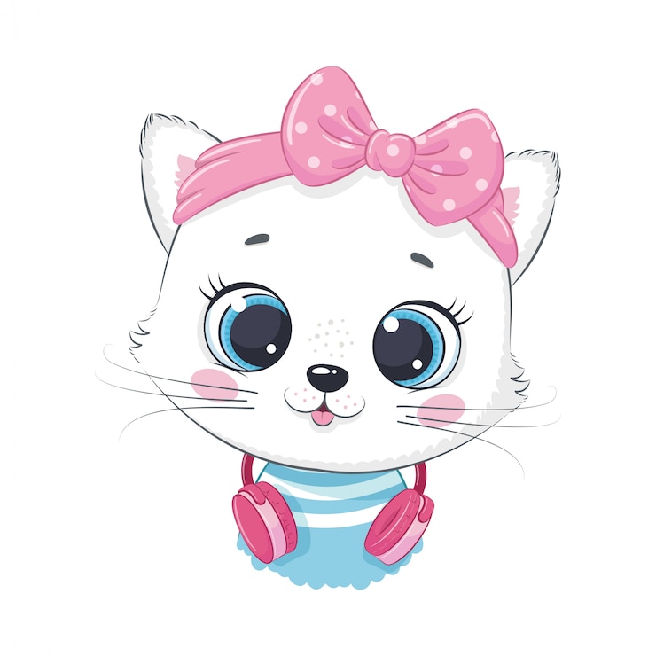 Vecteur fille de chaton dessin animé mignon avec un casque écouter de la musique