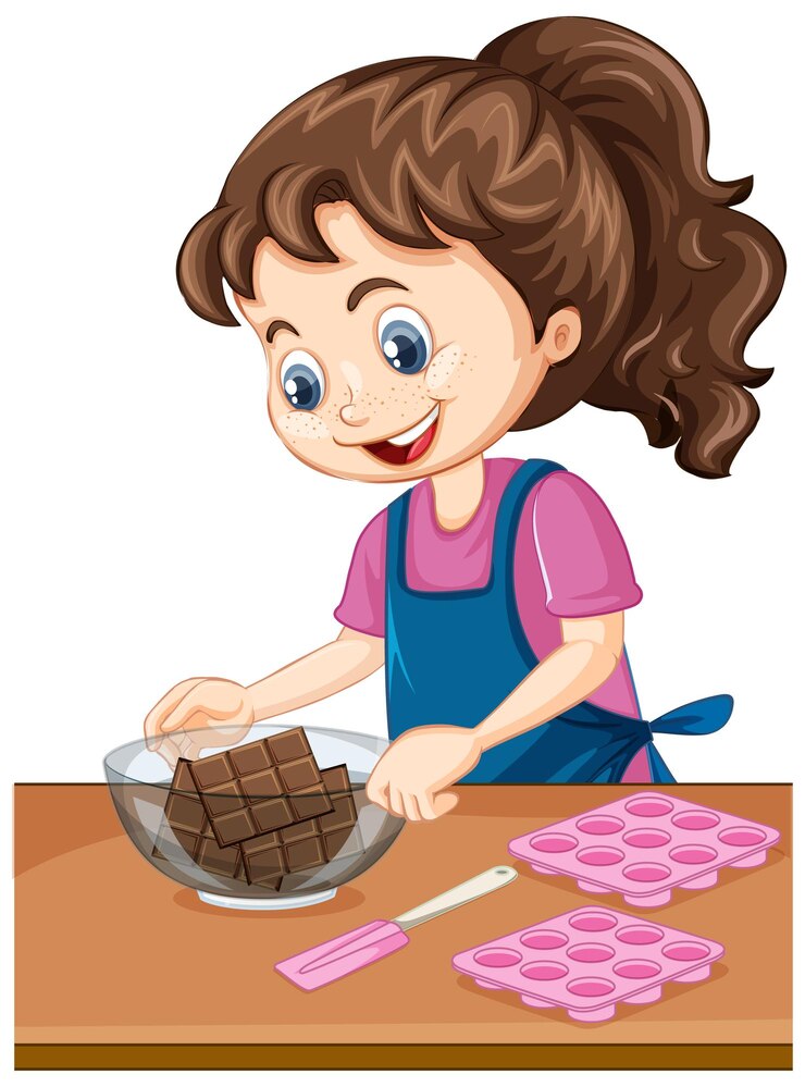 Vecteur fille de chef avec équipement de cuisson sur la table