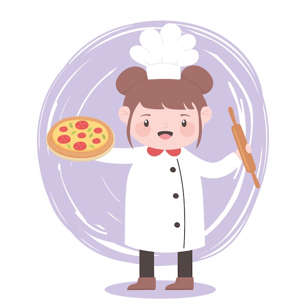 Fille De Chef Avec Personnage De Dessin Animé De Pizza Et Rouleau