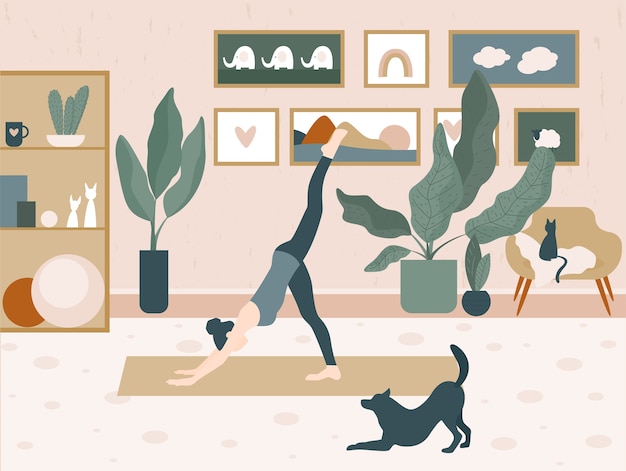 Fille Et Un Chien Font Du Yoga à La Maison Illustration De Dessin Animé