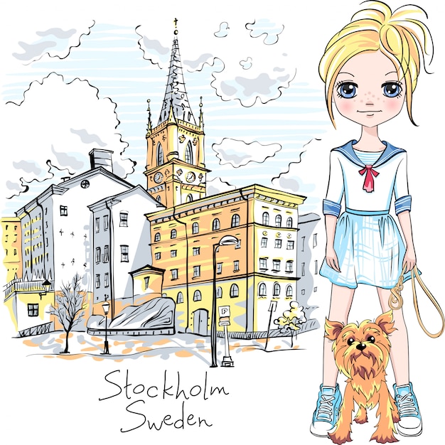 Fille avec chien à Stockholm