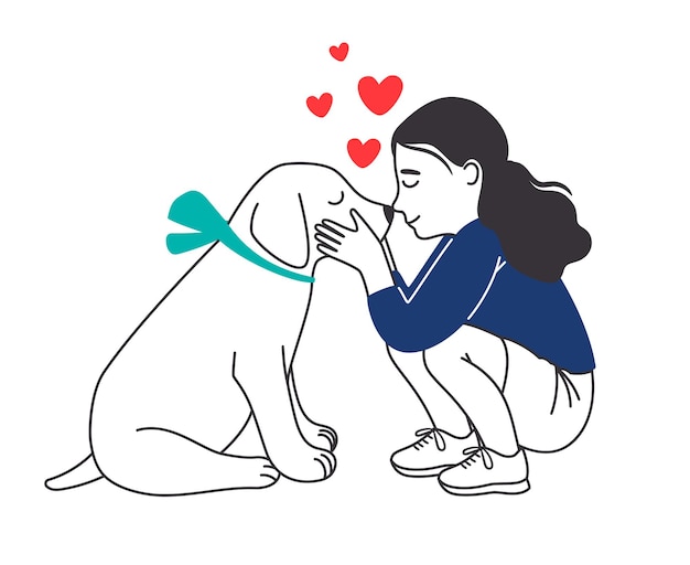 Fille avec chiot. Joli chien et petite fille commumion, mignon enfant heureux étreignant l'animal de compagnie, les enfants adorent les animaux de compagnie amitié style de vie vector illustration couleur sur blanc