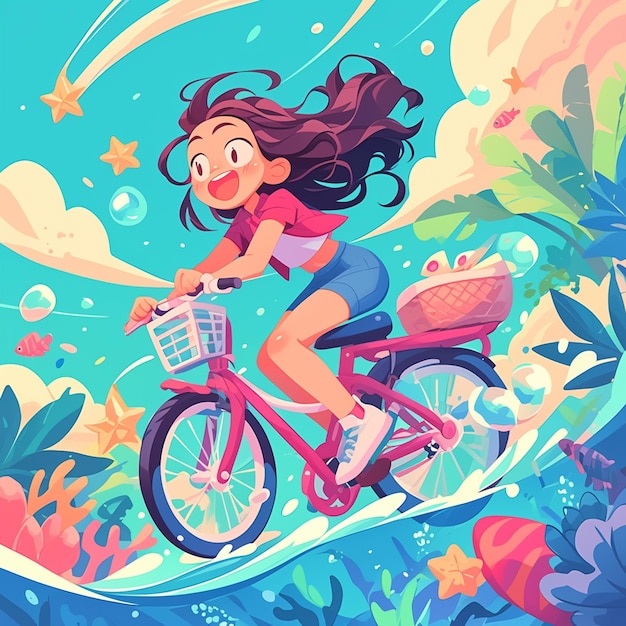 Vecteur une fille de chula vista s'entraîne à faire du vélo sous-marin dans le style des dessins animés
