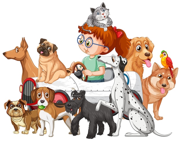 Une fille conduisant un jouet de voiture avec beaucoup de chiens