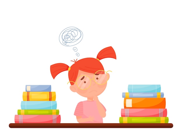 Vecteur fille confuse avec une pile de livres homeschooling défis illustration vectorielle