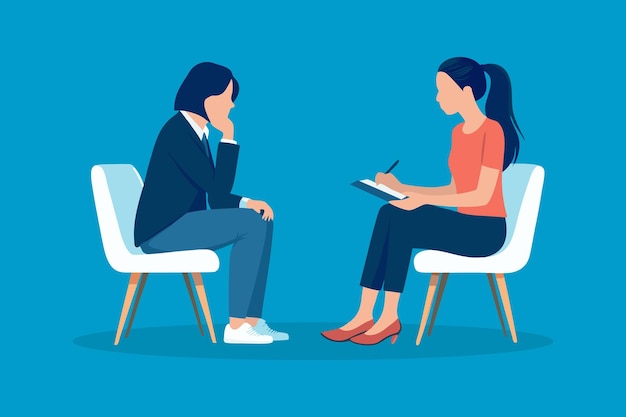 Fille consultant un psychologue psychiatre pendant que le patient conseille mentalement avec la main du médecin prenant des notes à la clinique Encourageant la thérapie illustration vectorielle plate isolée
