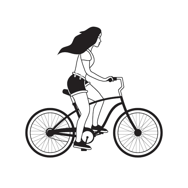 Fille De Contour Plat Noir Vector à Vélo