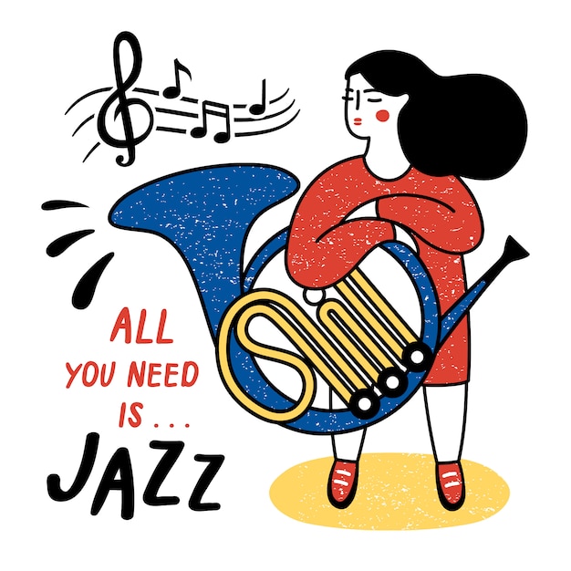 Vecteur fille avec cor français. illustration vectorielle pour la journée internationale du jazz