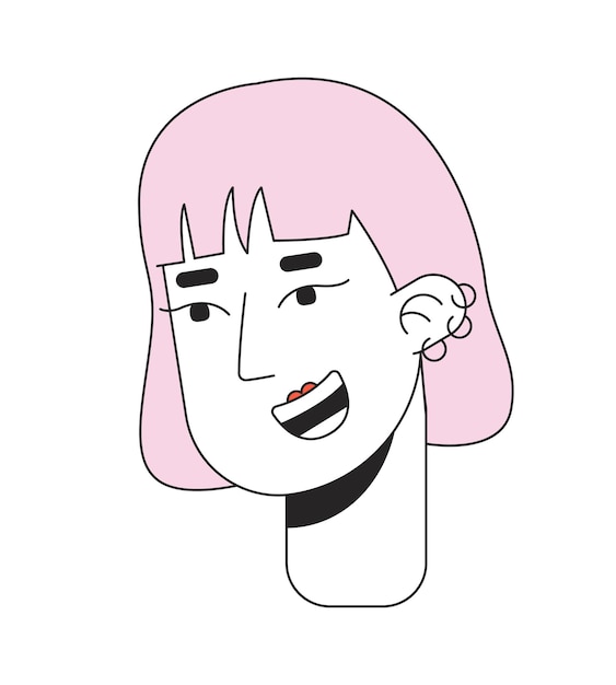 fille coréenne kpop aux cheveux roses tête de personnage de dessin animé linéaire 2D piercings d'oreille personne de ligne isolée asiatique visage de fond blanc coupe de cheveux Bob avec frange illustration de point plat de couleur