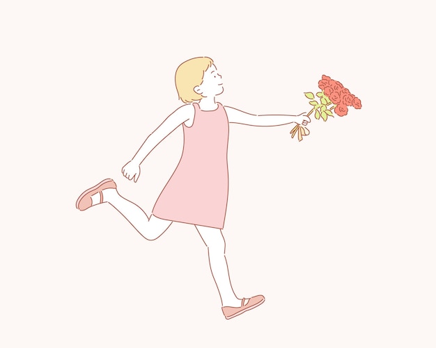 Vecteur une fille court avec un bouquet de roses.