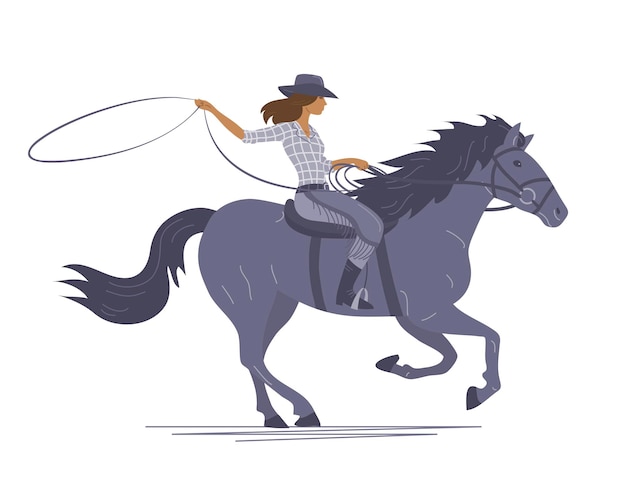 Une fille de cow-boy monte un cheval sur fond blanc