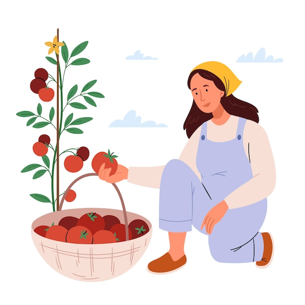 Une fille cueille des tomates dans une brancheConcept de récolteIllustration de vecteur plat dessiné à la main isolée sur fond blanc