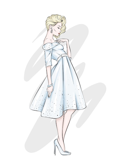 Vecteur une fille dans une belle robe vintage illustration vectorielle vêtements et accessoires vintage