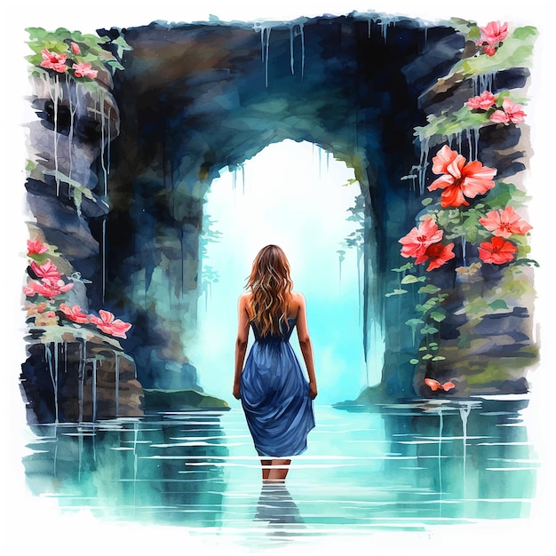 Fille dans une cascade dans la peinture aquarelle nature