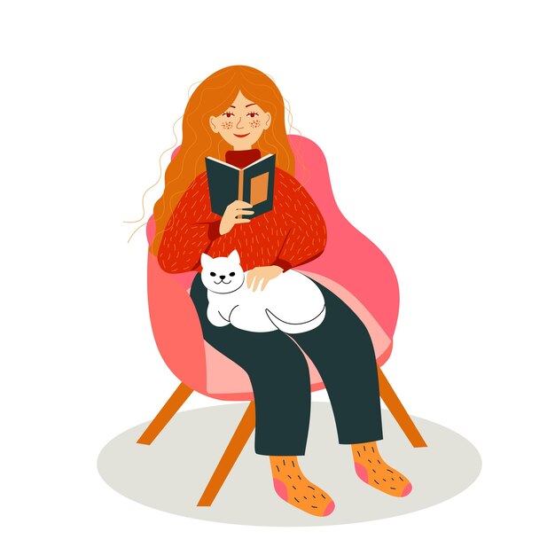 Vecteur fille dans une chaise avec livre et chat concept design belle nature d'automne avec plat jeune femme