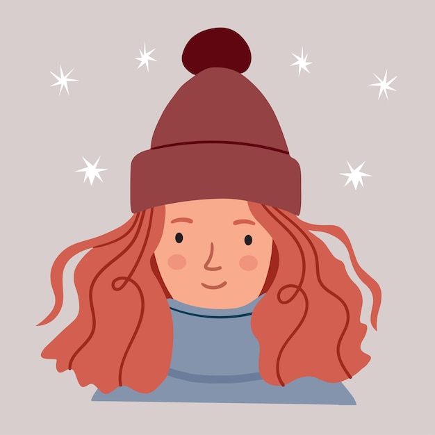 Fille Dans Un Chapeau D'hiver. Portrait D'une Fille Rousse. Design Minimaliste Et Scandinave.
