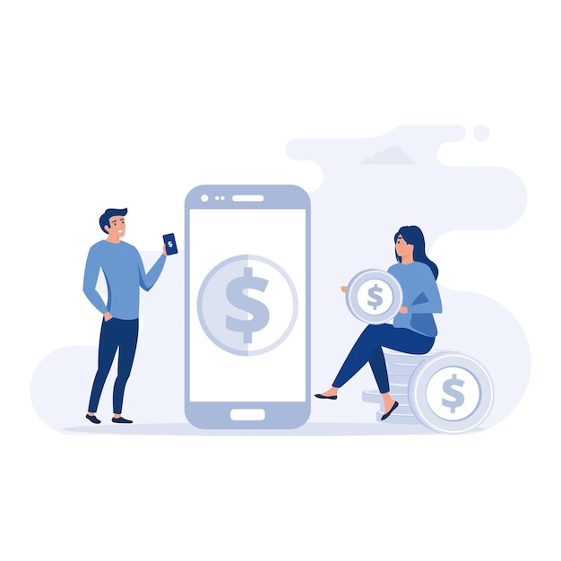 Fille dans le smartphone transféré envoyé des pièces d'argent en espèces sur un compte électronique sur Internet à l'homme Illustration moderne de vecteur plat de transaction réussie