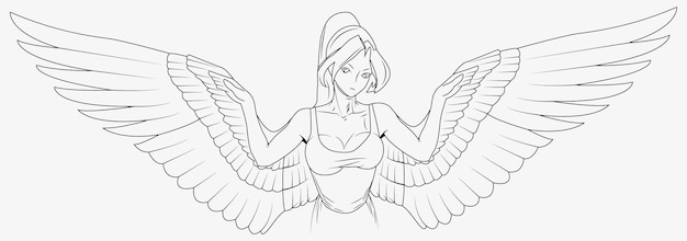 Vecteur une fille de dessin animé avec des ailes sur les bras, un dessin en noir et blanc d'une femme avec des ailes sur les bras et un dessin en noir et blanc d'une fille avec des ailes sur les bras.