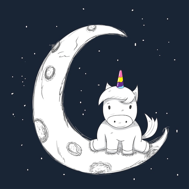 Fille De Dessin Animé Mignon Licorne Sur La Lune