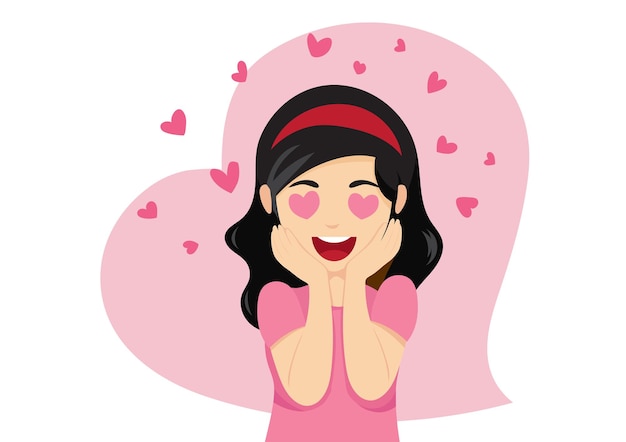 Fille de dessin animé mignon avec des yeux en forme de coeur et tomber amoureux illustration vectorielle plane