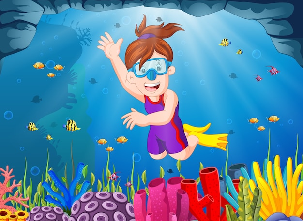 Vecteur fille de dessin animé plongée dans la mer