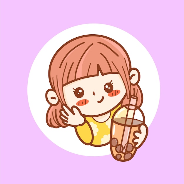 une fille de dessin animé avec une tasse de thé au lait de boba