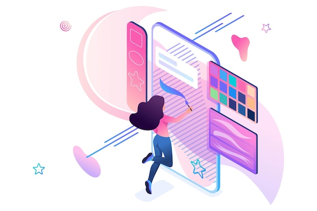 cette fille dessine sur l'écran de son smartphone à l'aide d'une application logicielle créativité 3d isométrique pour la conception Web