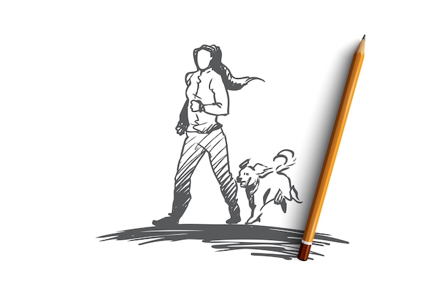 Fille Dessinée à La Main En Cours D'exécution Avec Son Croquis De Concept De Chien