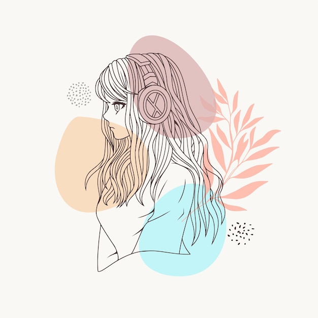 Fille Dessinée à La Main Utilisant Un Casque à L'aide D'un Style D'art En Ligne