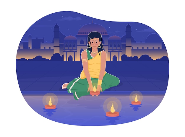 Vecteur fille de diwali mettant à la dérive diya sur l'illustration isolée de vecteur 2d de la rivière