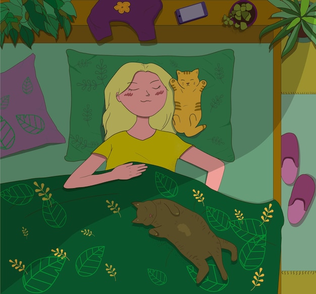 Fille Dormant Avec 2 Chats Illustration Vectorielle De Chambre Avec Femme