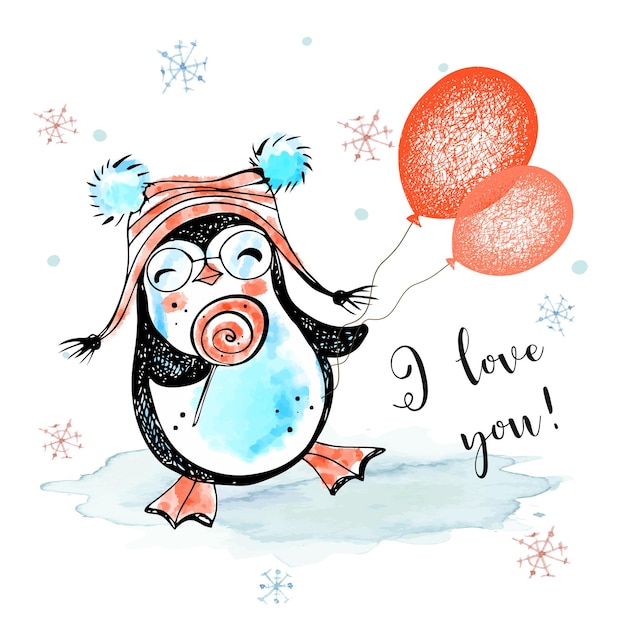 Fille drôle de pingouin avec des ballons. Valentin. La Saint-Valentin. Aquarelle, graphisme. Vecteur.