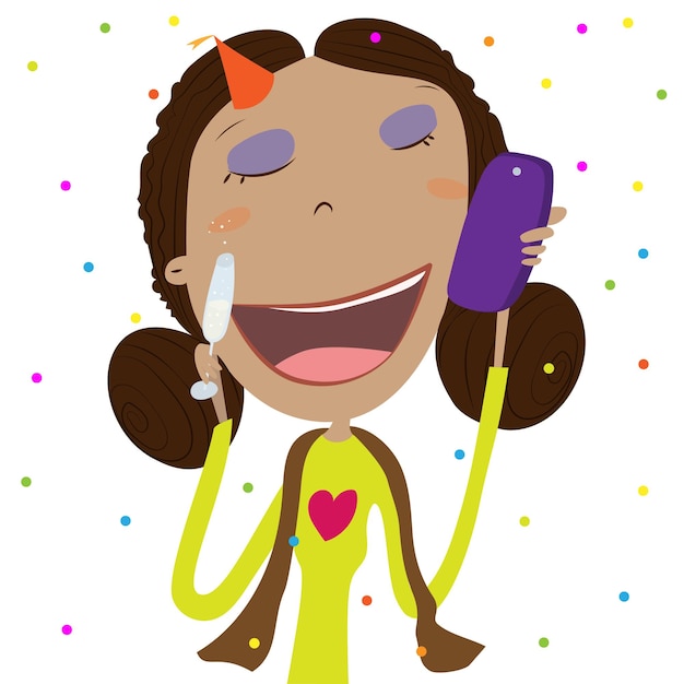 Vecteur fille drôle avec un verre de champagne parlant au téléphone dans l'illustration vectorielle de la nouvelle année
