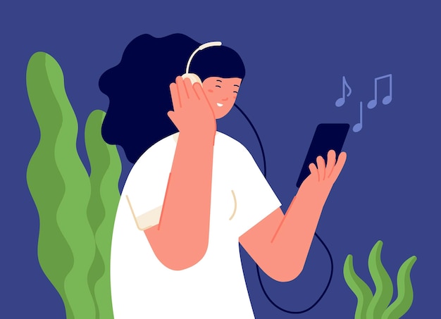 Vecteur fille écouter de la musique personne dans les écouteurs dessin animé femme écoutant un livre audio ou un podcast sur le téléphone