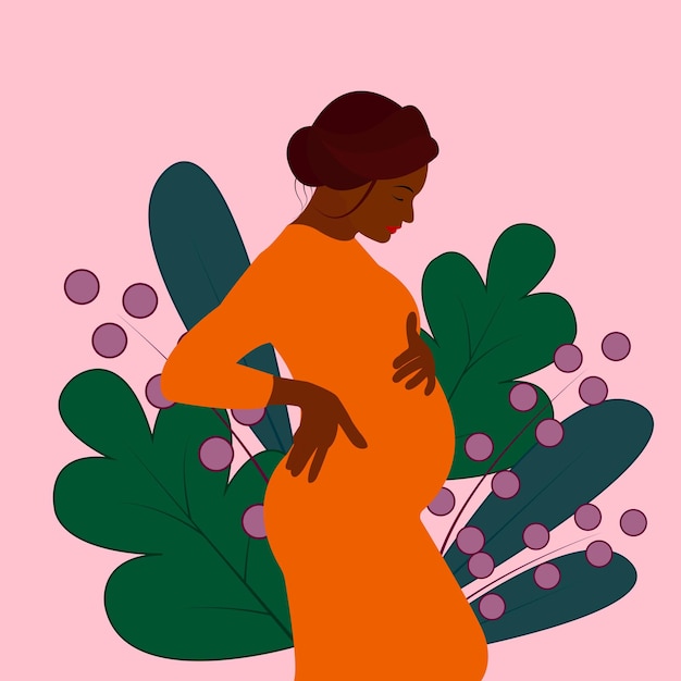 Vecteur fille enceinte noire femme noire enceinte dans une robe orange la future mère étreint son ventre illustration vectorielle