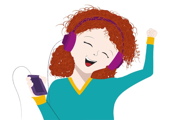 Vecteur fille enfant heureuse et amusante écoutant de la musique avec smartphone et casque illustration vectorielle dessinée à la main isolée sur fond blanc