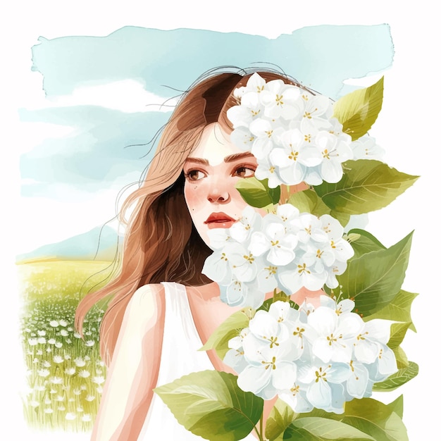 Vecteur fille entourée de fleurs blanches peinture à l'aquarelle
