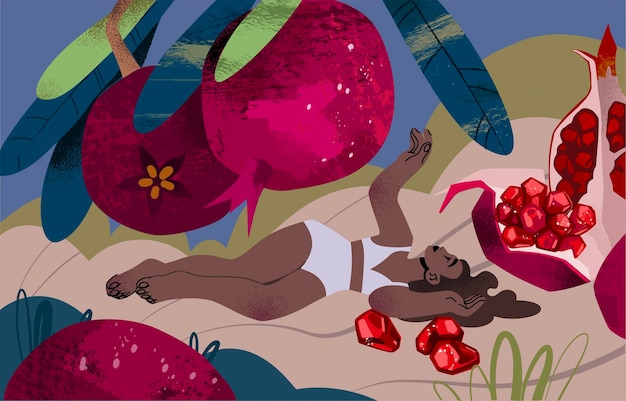 La fille est allongée et se repose dans un jardin de grenades illustration vectorielle plate