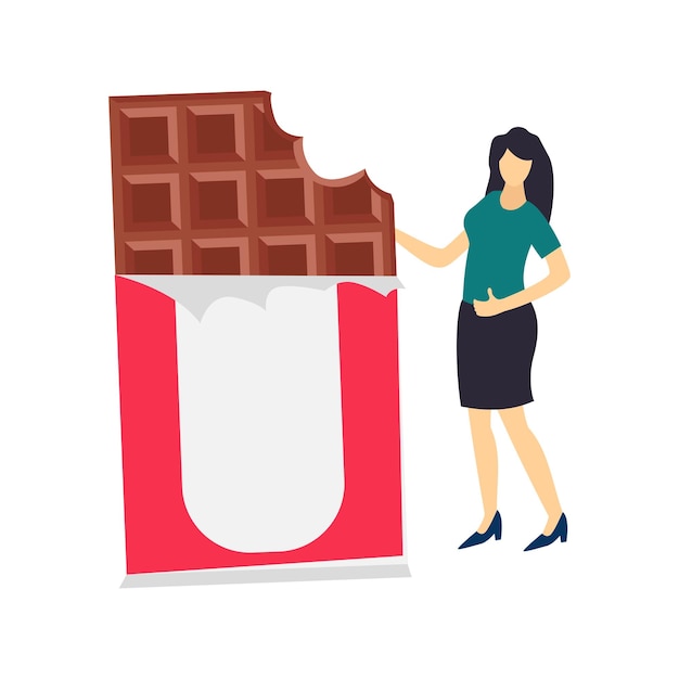 Vecteur la fille est debout à côté de la barre de chocolat