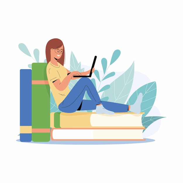 Vecteur fille étudiante qui étudie avec un ordinateur portable. jeune femme assise sur une pile de livres, obtenant des connaissances en ligne. illustration pour l'apprentissage en ligne, cours sur internet, concept d'école