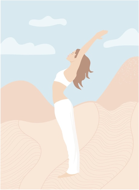 Fille faisant du yoga sur la nature Jeune femme méditant affiche design plat