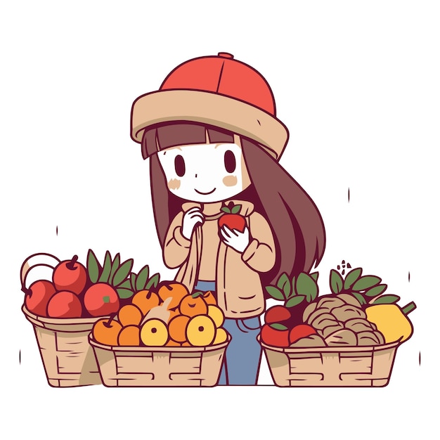 Vecteur fille faisant ses courses au marché tenant un panier de fruits et légumes frais