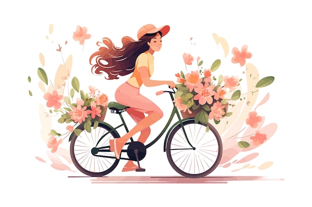 Une fille fait du vélo avec des fleurs Design d'illustration vectorielle