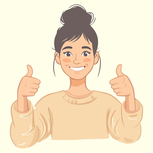 Une fille fait un pouce vers le haut dans une illustration vectorielle de style plat