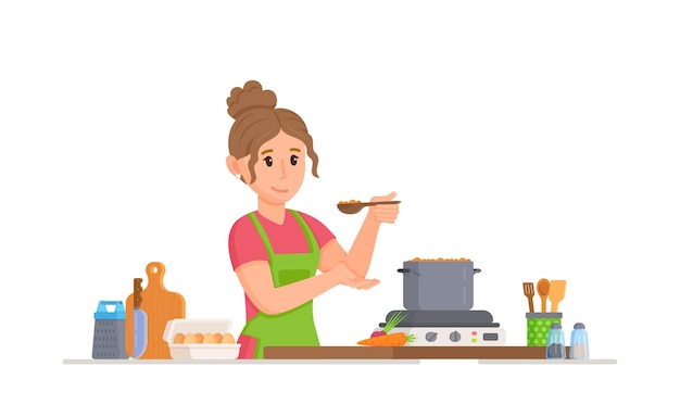 Une fille fait de la soupe dans une marmite Illustration vectorielle du cuisinier de la femme au foyer Nourrir les enfants