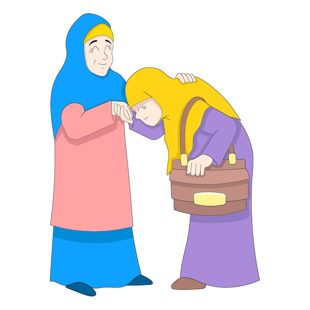 Fille de la famille islamique serrant la main de sa mère