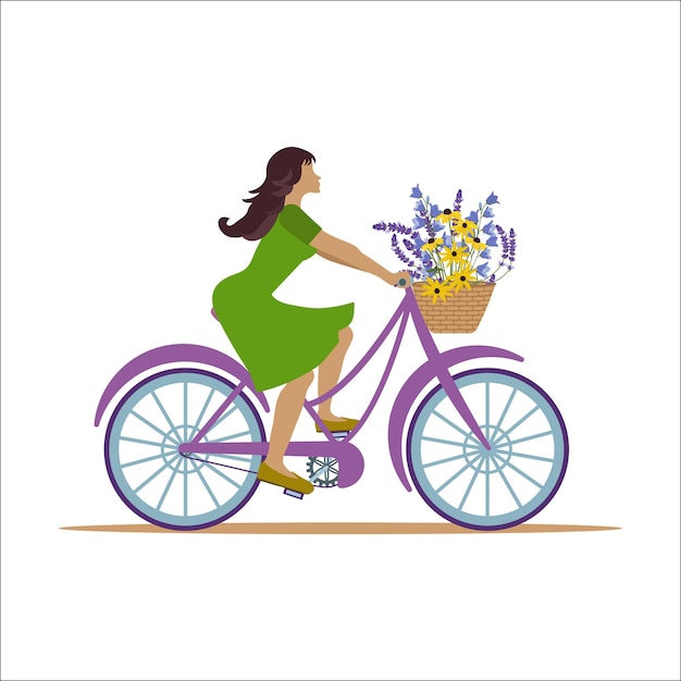 Fille Féminine En Robe Verte Faisant Du Vélo Avec Des Fleurs Sauvages Devant Le Panier Sur Un Fond Blanc Isolé