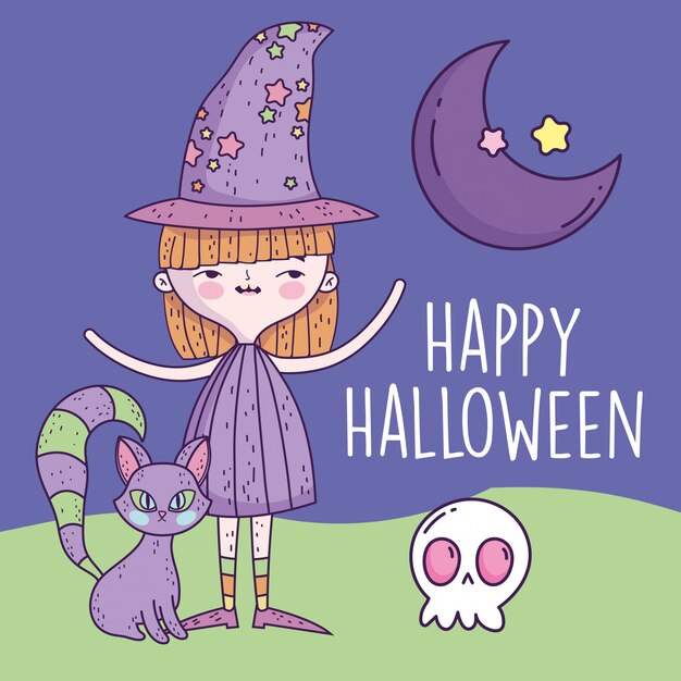 Fille De Fête Halloween Heureuse Avec Chapeau De Sorcière Et Chat